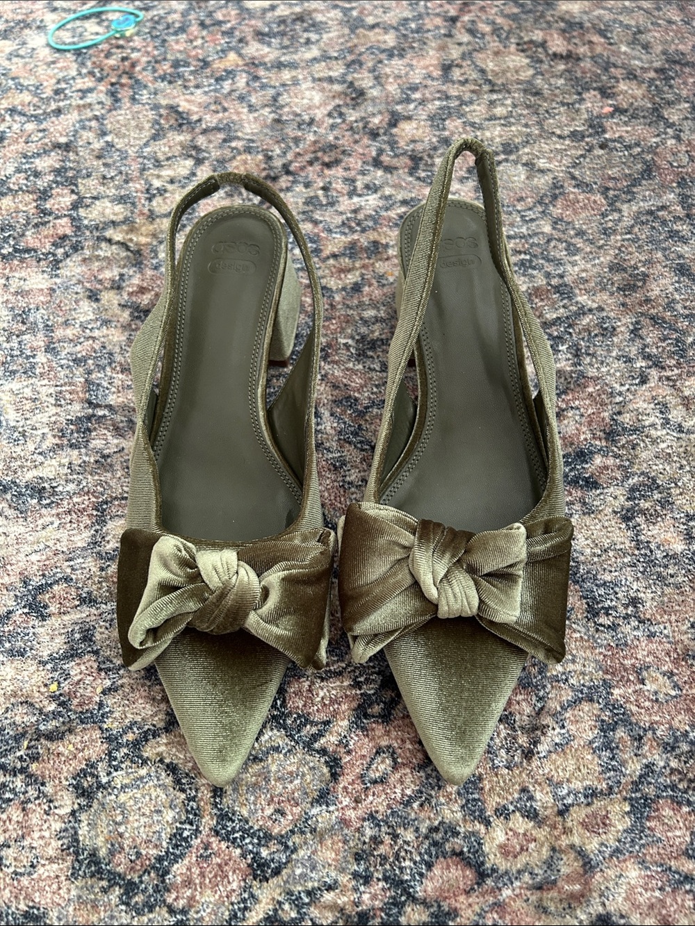 ASOS Olive Green Velvet Pointed Slingback Flats with Bow Accent